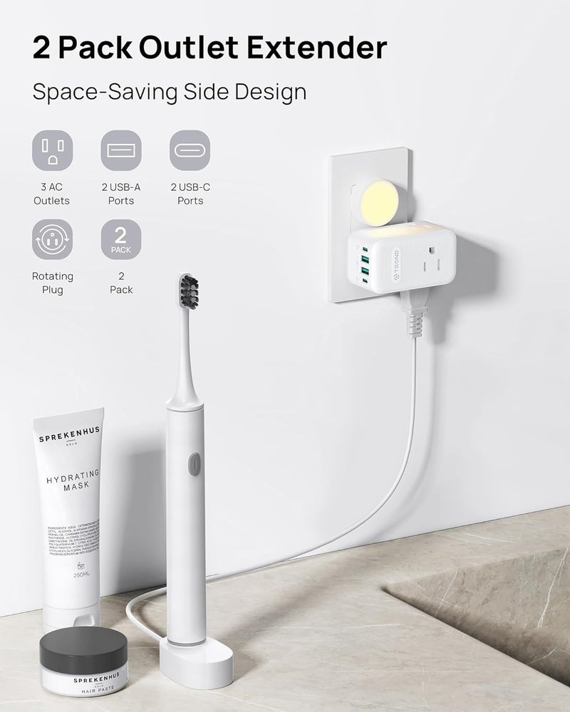 TROND Multi Plug Outlet Extender 2 Pack, 3 Way Outlet Splitter with 360 Rotating Plug, PD 20W USB C Charger Station, Sideways Adapter for Kitchen Bathroom Cruise Ship Travel Essentials - Image 2